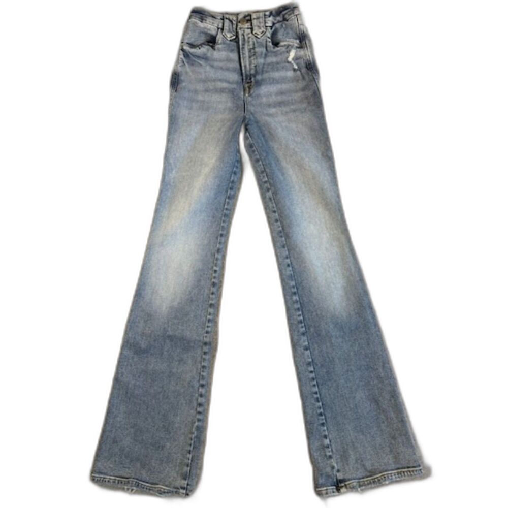 Good American Jeans Women's 00/24 Light Wash High Rise Flare Raw Hem Denim